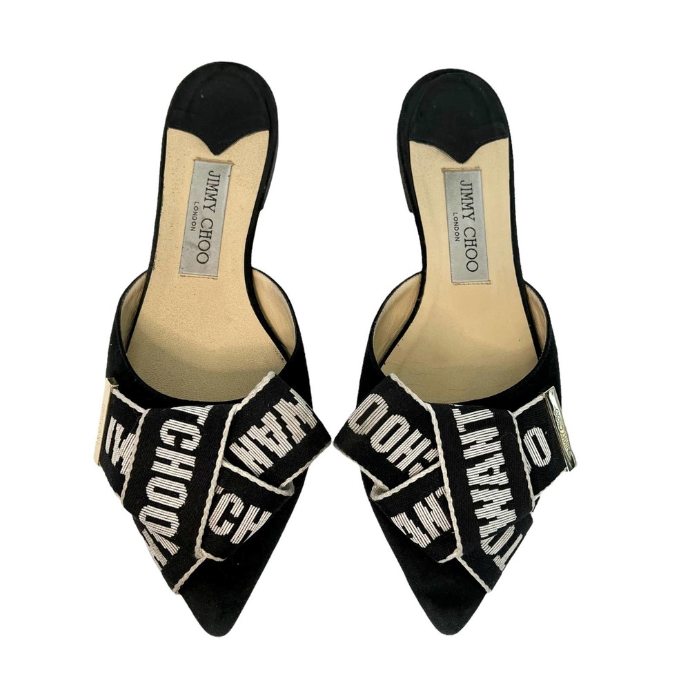 Jimmy Choo Gretchen Flat Mules Logo Bow Pointed Toe Size EU 38